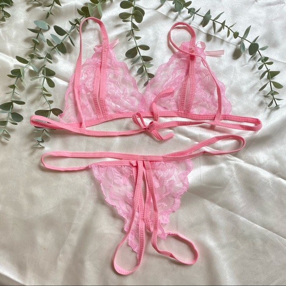 Pink Lace Thong and Triangle Bra Set Crotchless - Picture 5 of 5